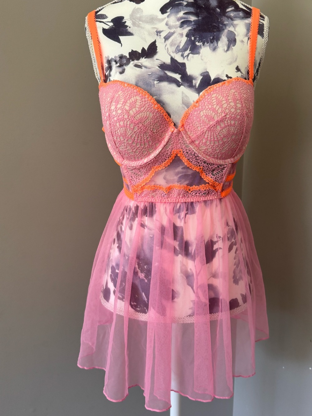 Victoria's Secret Pink & Orange Lace Sheer Babydoll Lingerie Top